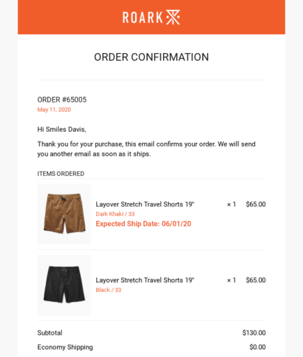 Image or Roark's order confirmation email. Image or Roark's order confirmation email.