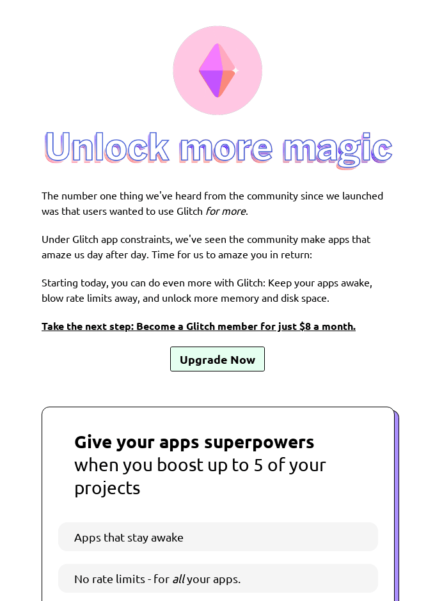 Image of Glitch's upsell email. Image of Glitch's upsell email.